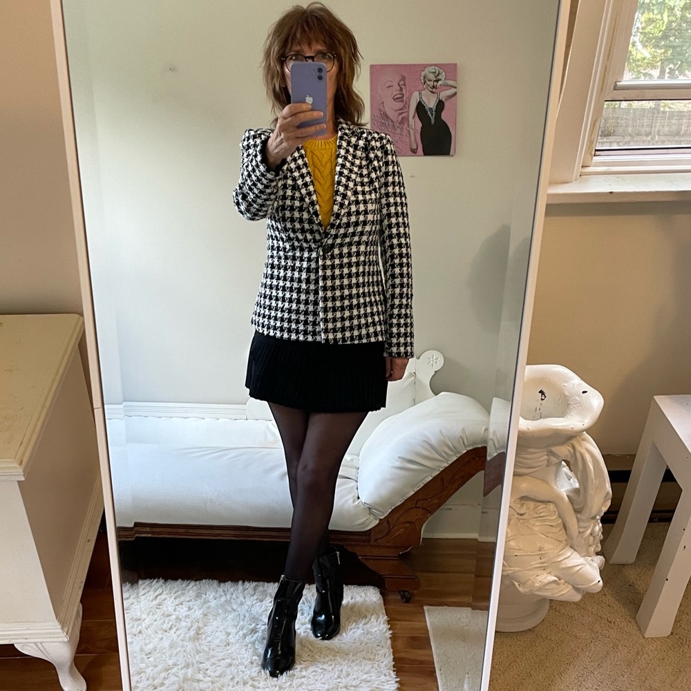 AQUA BLACK WHITE HOUNDSTOOTH BLAZER METALLIC THREADS SINGLE BUTTON FRONT POCKETS